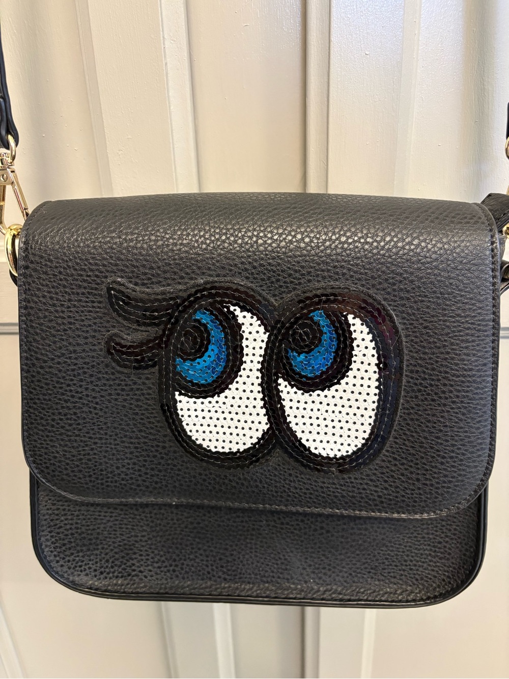 Black Crossbody Bag with Playful Sequin Eyes